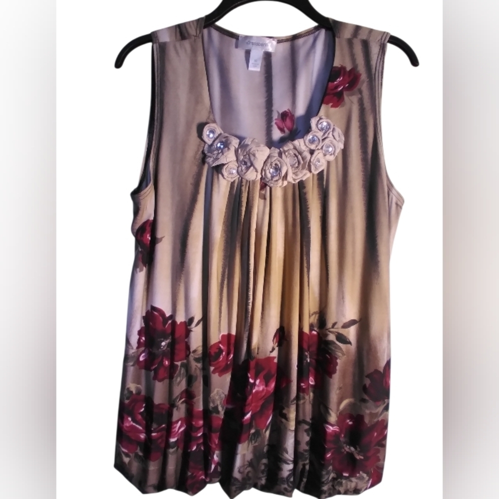 Dressbarn Sleeveless Rose And Rhinstone Detail Top Size XL Floral Fairy Casual
